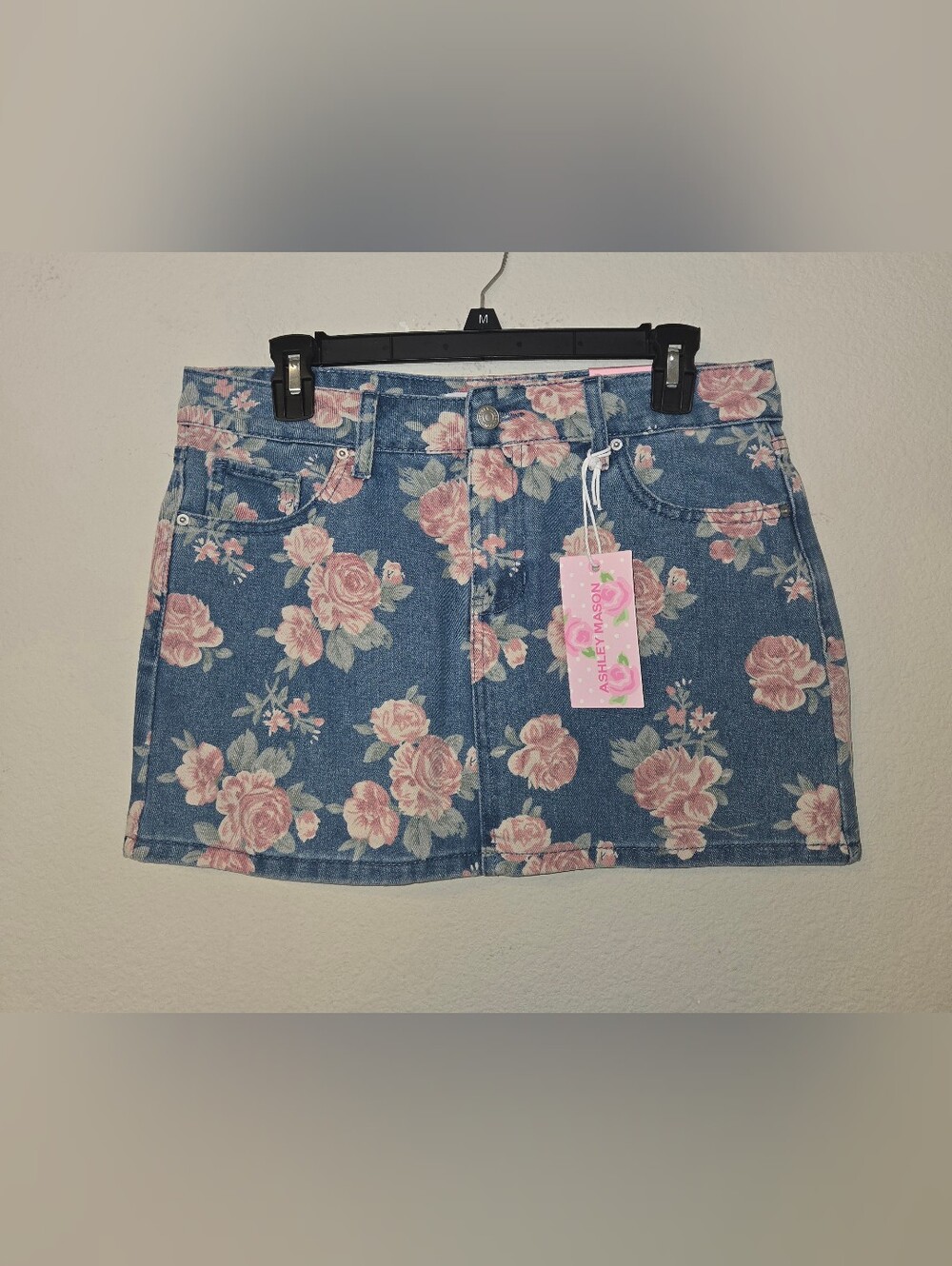 Ashley Mason Blue Denim Mini Skirt with Pink Floral Print